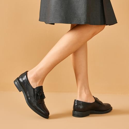 Image of BEAU TODAY Tassel Loafers for Women,Leather Brogue Dress Shoes,Wingtips Oxford for Women,Breathable Comfortable Slip-on Lace-up Handmade Flat Shoes for Business Work
