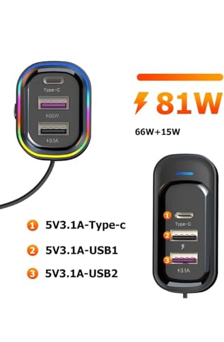 Image of Jaxter 6-Port 48W Car Charger Adapter (2 Type-C + 4 USB) with 1.5M Cable & Rainbow LED - Fast Charging for All Smartphones, Tablets & Devices