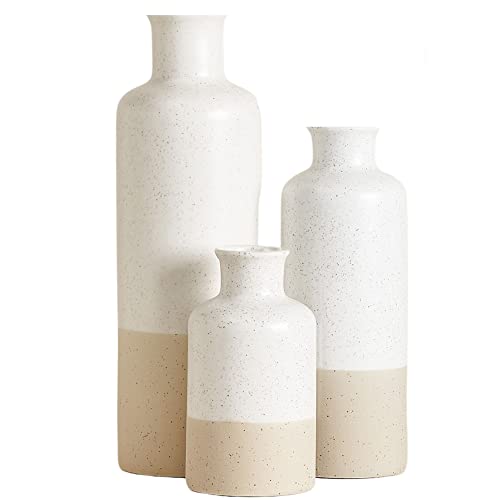 Ceramic Vase Set of 3 - Boho Pampas Grass Vase Set for Home or Living Room Decor - Rustic Farmhouse Decorations - Waterproof Table Flower Vases for Dried or Fresh Flowers