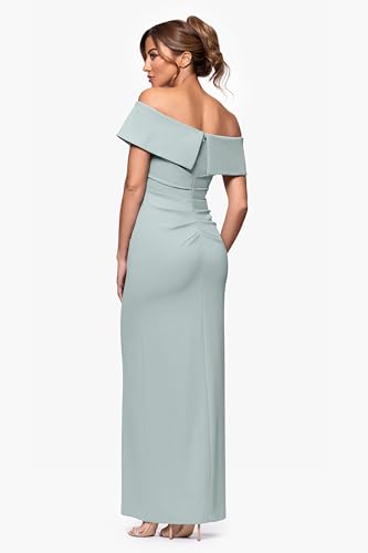 Image of Xscape Women's Off Shoulder Straight Neck Evening Gown with Foldover Cuff, Side Ruffle, Leg Slit, Fitted Formal Dress, Sage, 4