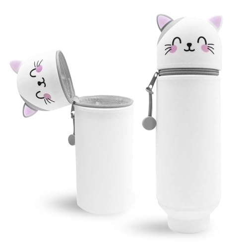 Wydexint Kawaii Federmäppchen, 2-in-1 Weiche Silikontasche, Stand Up Federmäppchen, Tier Stifthalter, Cartoon Bleistifthalter Für Mädchen Und Jungen (Graue Katze)