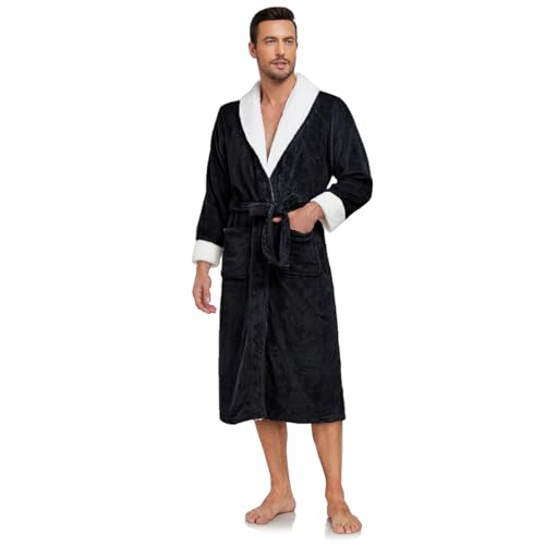 RONGTAI Men's Plush Long Bathrobe, Soft and Warm, Full Length, Shawl Collar, Fleece