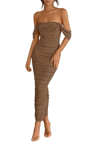 PRETTYGARDEN Womens 2025 Summer Off The Shoulder Dress Ruched Bodycon