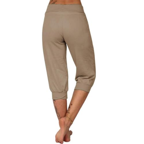 OVARA Pantalon de jogging 3/4 pour femme - Taille élastique - Coupe ajustée - Couleur unie, 01#kaki, XXL