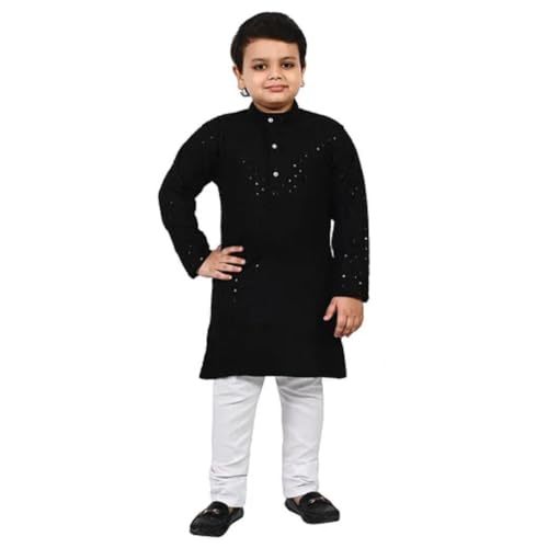 Boys Cotton Pajama Set, Full Sleeve Floral Kurta, Embroidered Design, Multiple Colors and Sizes (Black, 14)