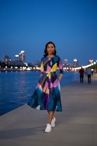 Image of CLOCOR Midi Dresses for Women Casual A-Line Fit and Flare Dress Crewneck 3 /4 Sleeve Keyhole Cocktail Party Church Dress