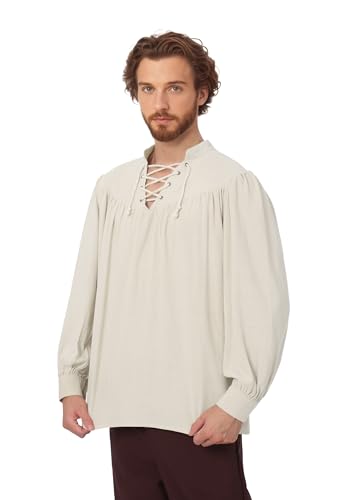 PROCOS Mens Medieval Undershirts Pirate Viking Loose Shirt Vampire Renaissance Linen Tunic Shirts Lace-Up V-Neck Costume (L) Beige