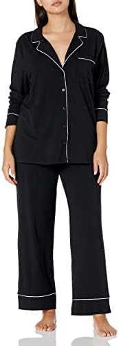 Amazon Essentials Women's Cotton Modal Long-Sleeve Shirt and Full-Length Bottom Pajama Set (Available in Plus Size), Black, Large