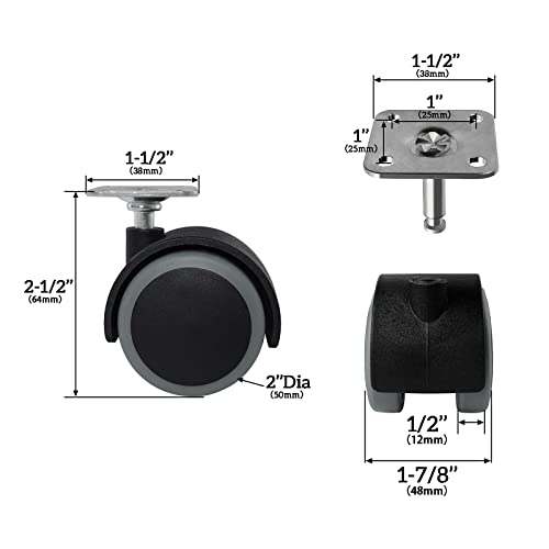 Mysit 2 Inch Rubber Caster Replacement Wheels Set Of 8 For Furniture Table Cabinet, Protect Hardwood Floors Swivel Castors Wheel, 5/16" X 1-1/2" (8X38Mm) Stem Or Top Plate Mounting Options #TOP3