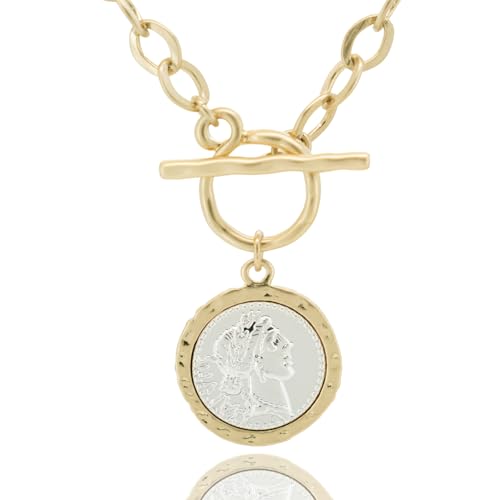 Chunky Coin Fashion Gold Necklace Toggle Antique Gold Plated Roman Coin Necklace for Women 18 Inch Chain Layered Pendant Necklace Jewelry Gift for Women