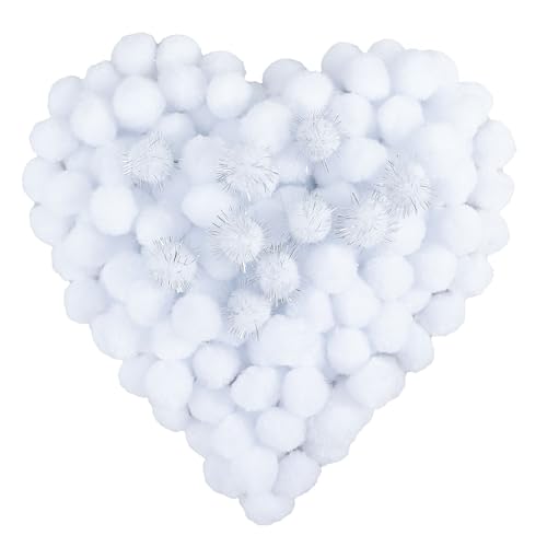 Pllieay 160 PCS Pom Poms with Sparkle Balls 1 Inch White Pom Poms for Home Decor and Kids DIY Arts Projects