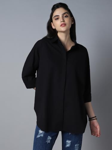 Image of High Star Relaxed Oversized Spread Collar Long Sleeve Cotton Longline Casual Shirt