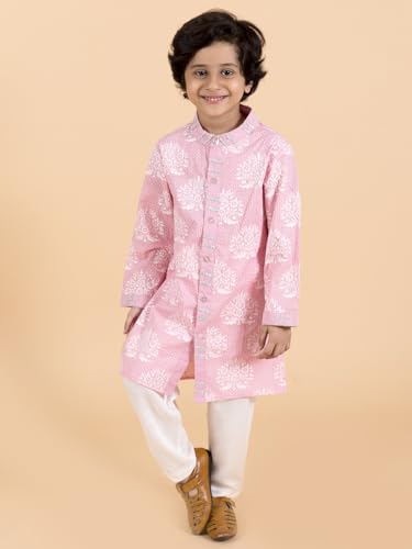 Pspeaches Boys Pink Floral Embroidered Pure Cotton Kurta With Churidar