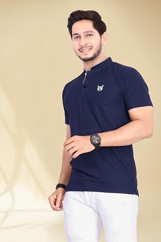 Image of BAGHADBILLO Men's and Boy's Polyster T-Shirt with Mandarin Collared Neck Half Sleeves Closuer Button and Regular Fit | Polo t Shirt for Man