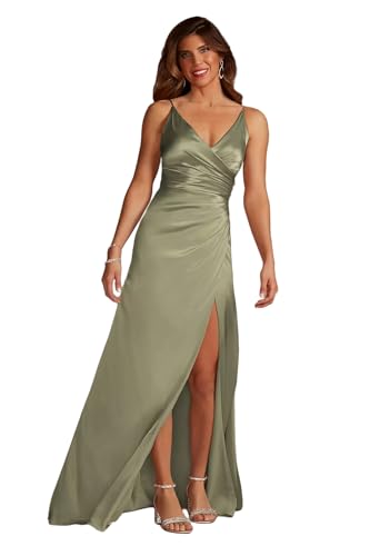 Spaghetti Straps Pleated Bridesmaid Dresses for Women Side Slit Formal Dress for Wedding Guest