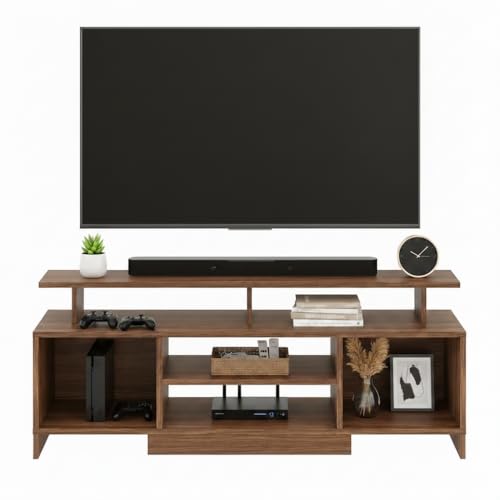 Image of FURNEASER Kashvi Floor Standing TV Unit for Living Room | Modern Engineered Wood TV Cabinet with Open Storage Shelves | Entertainment Center for Upto 55 Inch TV (Exotic Teak Finish)