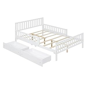 Merax Full Bed Frame with Storage Drawers and Safety Guardrails on Both Sides, Wood Platform Bed & Headboard and Footboard for Kids, Boys, Gilrls, Solid Slats Support, No Box Spring Needed, White Merax Full Bed Frame with Storage Drawers and Safety Guardrails on Both Sides Wood Platform Bed Headboard and Footboard for Kids Boys Gilrls Solid Slats Support No Box Spring Needed White