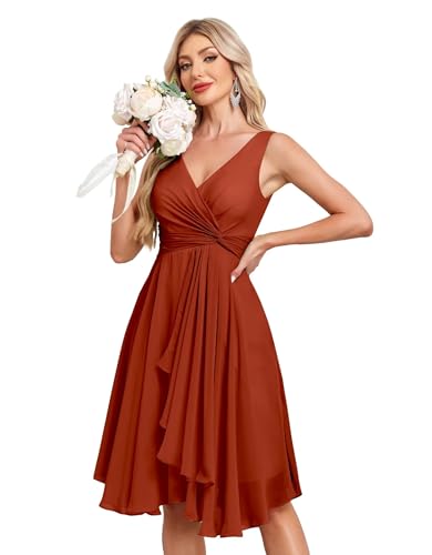 Image of Women's V Neck Short Bridesmaid Dresses 2025 Ruched Waist A Line Chiffon Formal Cocktail Party Dress