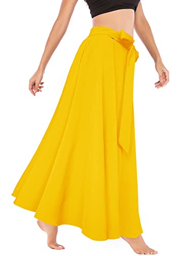 Afibi Women's High Waist Skirt Tie Front A-Line Flowy Long Maxi Skirts With Pockets (Small, Yellow) #TOP3