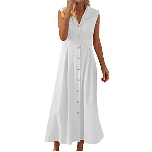 2025 Robe Chemise Longue Droite Boutonnée devant Blanche Coton Lin Femme Tank Robe de Travail Chic et Elegant Décontractée Vêtements Femme Soldes Maxi Dresses de...