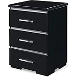 Finch Belmont Fully Assembled Nightstand, Modern Mirrored Accent Table, Bedside End Table with Silver Handles, 3 Drawers, Black