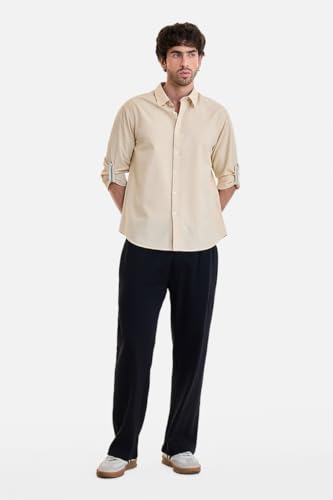 Image of SNITCH Men Smart Casual Shirt | Regular Fit Full Sleeve Button-Down Collar Solid Style | Breathable Cotton Linen Blend & Lightweight Fabric for Office