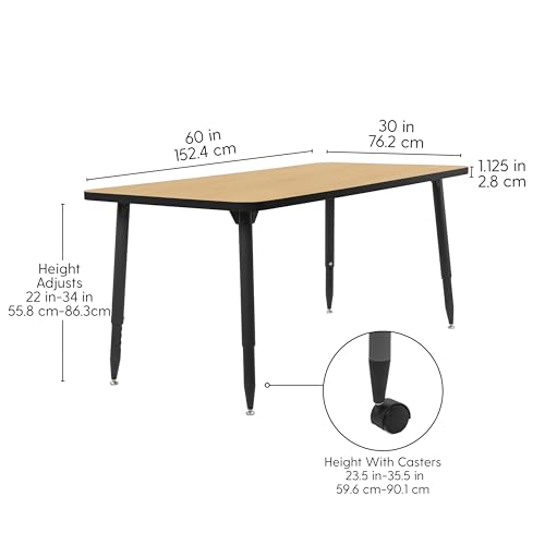 Image of Adapte Commercial Classroom Activity Table - 30 inch x 60 inch Rectangle, ADA Compliant Tapered Legs with Glides & Casters, Adjustable Height 22-34 inch Wheelchair Accessible, School & Office Furniture
