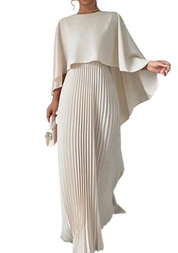 PUDANA Womens Satin 2 Piece Sets Pleated Flowy Maxi Dresses Pleated Cocktail Evening Party Dresses with Cape Beige M