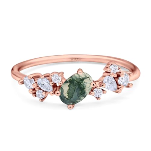 OMRANII Art Deco Oval Natural Green Moss Agate Vintage Style Cluster CZ Wedding Engagement Rings For Women 925 Sterling Silver Gifts For Her