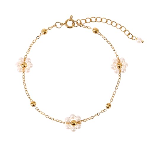 Image of Mikovivi Titanium Steel Daisy Pearl Bracelet for Women - Dainty Gold Adjustable Link Chain, Simple Jewelry Gift for Prom Accessories Anniversary