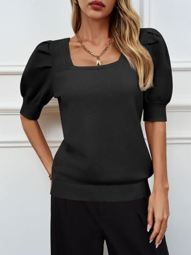Image of Womens Puff Short Sleeve Sweater Tops Square Neck Casual Knit Pullover