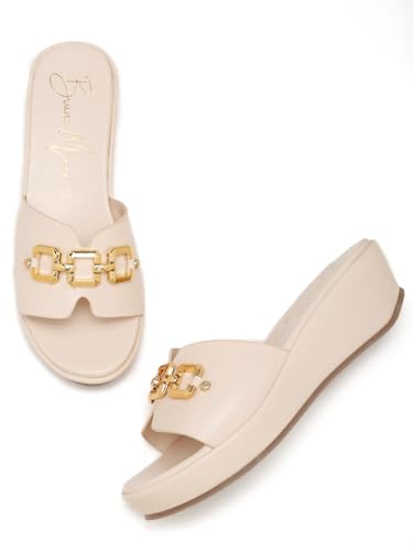Image of Bruno Manetti Women's Slipon Back Open with Upper Golden Buckle Round Toe Comfort Platform Wedges