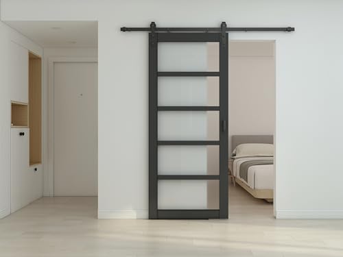 Calhome 36 in. x 84 in. 5 Lite Pre Assembled Frosted Glass Black MDF Interior Sliding Barn Door with Hardware Kit Door Handle