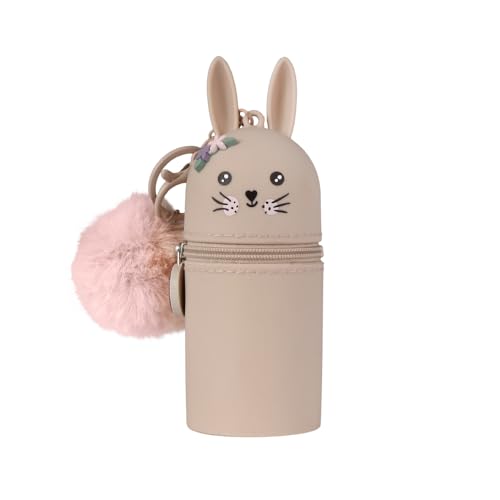 Lulubug Schlüsselanhänger Kinder Tiere - Hase Hoppy | mit Puschel & Namensschild | Abwaschbar | Mini Silikon Anhänger Abwaschbar für Schlüsselbund Ranzen Rucksack Jacke | 5 x 5 x 10 cm