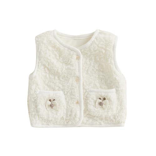 Infant Baby Girl Faux Fur Fleece Waistcoat Sleeveless Button-Down Plush Vest Coat Pocket Outwear Tops Winter Clothes (White, 9-12 Months)