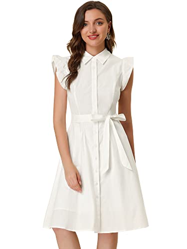 Image of Allegra K Women's Ruffled Sleeve Casual Office Dress Tie Waist Button Down Cotton Shirt Dresses X-Large White