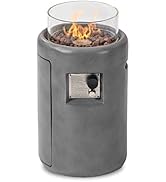 SUNBURY Outdoor Propane Fire Pit, Stone Like Fire Pit Table with Glass Wind Guard, Waterproof Cov...