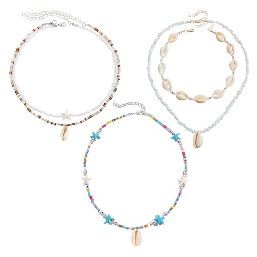 MENUY 3 Stück Muschelkette Set Muschelkette Damen Mehrlagige Muschel Kette Verstellbares Hakendesign Halskette im Bohemian Stil Geeignet für Sommerstrände Urlaub Surfen und Partys