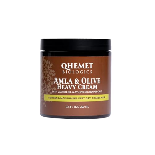 Qhemet Biologics Amla & Olive Heavy Cream - Moisturizing Balm for Extremely Dry & 4C Hair - Adds Soft, Supple Moisture & Hydration to Afros, Coils, Curls, Puffs, Twists, Braids, Locs & More (8.9 oz)