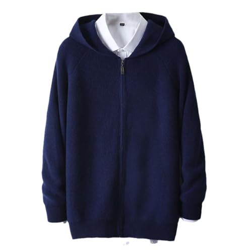 Men's 100 Percent Wool Hooded Sweater Long Sleeves Thick Knitted Cardigan Zipper Casual Warm Jumper