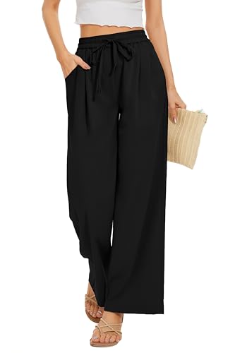 FUNYYZO 2025 Women Summer Pants Drawstring Waist Wide Leg Pants Loose Fit with Pockets Pull On