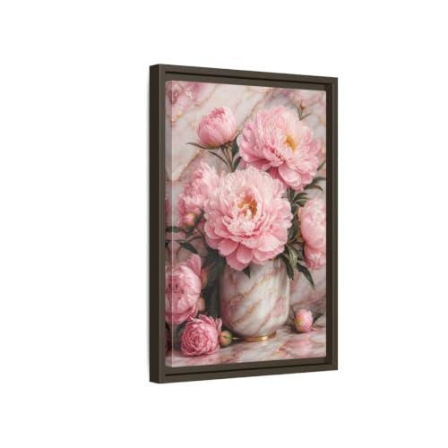 Décoration murale pivoines roses et cadre en bois marron foncé vertical