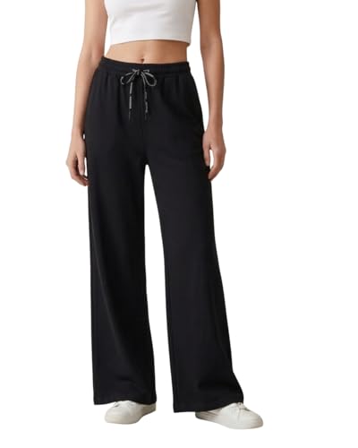 Image of Women's Wide Leg Track Pants with Elastic Waist & Drawstring | Soft Breathable Relaxed Fit Trousers | Casual Lounge Travel Wear for Women & Girls