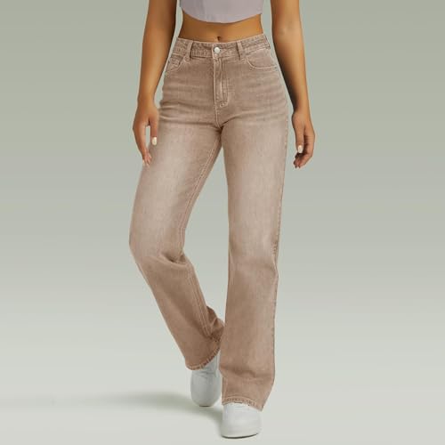 KIKX0DE Womens High Waisted Jeans Baggy Boyfriend Elastic Waist Stretchy Jeans Straight Leg Denim Pants4
