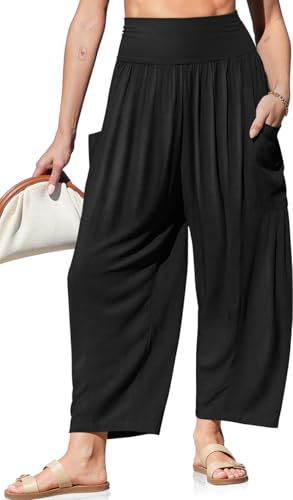 TARSE Womens Linen Wide Leg Pants Casual Loose Elastic Waist Beach Travel Vacation Palazzo Harem Pants with Pockets