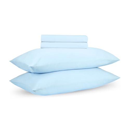 Image of Blue Summer Percale Cotton Cooling Bedsheet Set - 100% Cotton, Soft & Breathable, Bedsheet 106x106 in + Pillow Covers 18x27 in, Premium Bed Linen for All Seasons