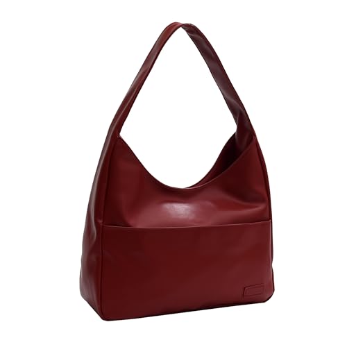 Sacolas femininas grandes de couro sintético vegano, bolsa Hobo, macia, casual, retrô, bolsa de ombro para uso diário, Vermelho, Large