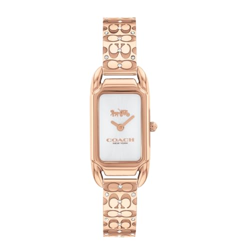 Image of Coach Cadie Qtz Basic Silver White Rectangle Dial Women's Analog Watch|Ionic Plated Rose Gold Steel & Crystals Material|Gold Color Band - 14504197