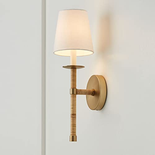 Image of Capital Lighting 647211MA-705 Tulum White Fabric Shade with Handcraft Rattan Torchiere Wall Sconce, 1-Light 60 Watt, 18 inch H x 6 inch W, Matte Brass