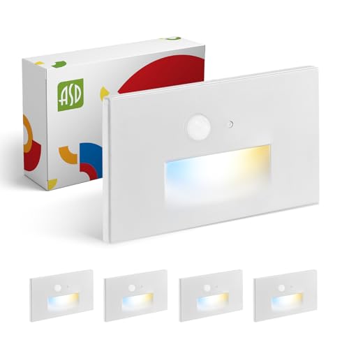 ASD LED Recessed Step Light Fixture | 3W 120LM 3000K-5000K 120V | 3CCT, Motion Sensor, Photocell, Waterproof, ETL Listed | Dusk to Dawn Outdoor Stair Lighting, Staircase Spotlight | White, 4 Pack